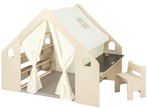 Maxmass 6-in-1 Kids Play Tent, Large Toddler Play House with Desk Table, Chair, Padded Mat, Blackboard, Storage Bin, Wooden Children Tent for 3-6 Years Old Boy Girls (145 x 98 x 113 cm)