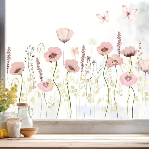 Wandtattoo Loft Fensterbilder Frühling mit rosa Mohnblumenwiesen – A4 Bogen, Wiederverwendbar – Frühlingsdeko Fenster, Frühlingsbild Fenster, Fensterdeko Frühling, Fensterfolie Frühling Selbstklebend