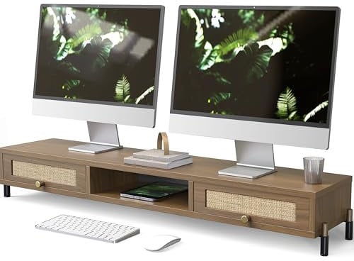 Fenge Dual Monitor Stand Riser with Rattan Woven Doors 113cm Large Computer Stand Wood Desk Organizer Stand for 2 Monitors, PC, Laptop, Printer, TV Screen, Brown