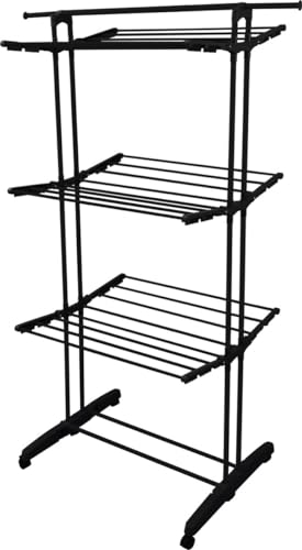 Meisterhome® Klappbarer Wäscheständer Wäscheturm Effizientes Trocknen mit 3 Ebenen, 2 Seitenflügeln - 24m Trockenleinenlänge - Platzsparend, vielseitig und mobil für drinnen und draußen – Schwarz