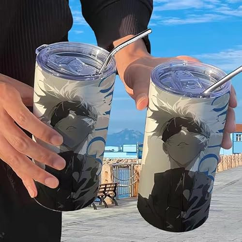 Xinchangda Geto Suguru - Taza térmica de acero inoxidable con pajilla de 480 ml, diseño de anime Gojo Satoru para escuela, oficina, viajes, deportes
