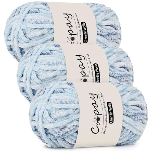 Coopay Chenille Wolle zum Häkeln, 3x100g Samtig Garn, Dicke Flauschige Weich Garn, Wolle für Decken, Schals - Herz des Ozeans