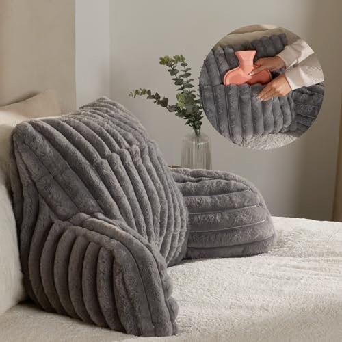 OHS Gaming Cushion for Bed, Ribbed Faux Fur Back Support Cushion with Heatable Pocket Soft Cosy Snuggle Cushion with Arms Bed Seat Pillow for Relaxing Working, Grey