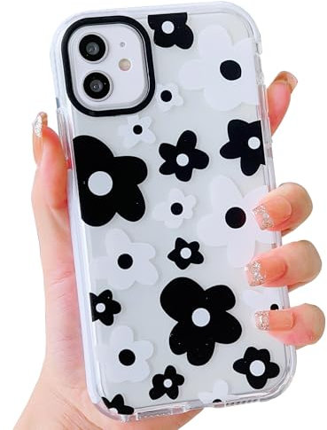 ECZOIL Compatible for iPhone 12/12 Pro Case,Cute Clear Black and White Flower Cartoon for Women Girl Soft TPU Shockproof Anti-Yellow Protective Phone Case for iPhone 12/12 Pro-Black and White Flower