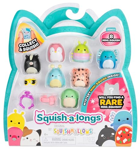 Squish-a-longs SQAL0026-8er Pack, enthält 8X 2,5 cm Mini-Squish mit 2X Accessoires, 1x Ring und 1x Collectors Guide (Serie 3, Style 1) - Sammeln, Tauschen und Spielen