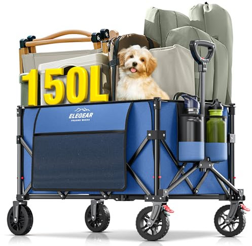 Elegear Carrello da campeggio pieghevole con freno, 150 l, con manico regolabile e ruote per tutti i terreni a 360°, carrello pieghevole per spiaggia, giardino, picnic, trasporto, blu