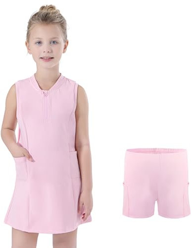 Bezioner Tenniskleid Mädchen mit Hose Golfkleid Reißverschluss Tennis Outfit mit 4 Taschen Sportkleid Ärmellos Skaterkleid Rosa 130 (7-8 Jahre,120-130 cm)