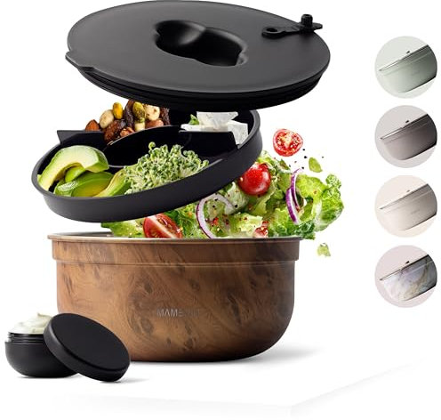 MAMEIDO Boîte à Salade à emporter 1,5l - Lunch Box en acier, Bento Box, Saladier sans BPA, Bol avec récipient à vinaigrette étanche, Boîte à repas avec compartiments, Meal Prep (Oak Wood, 1500ml)
