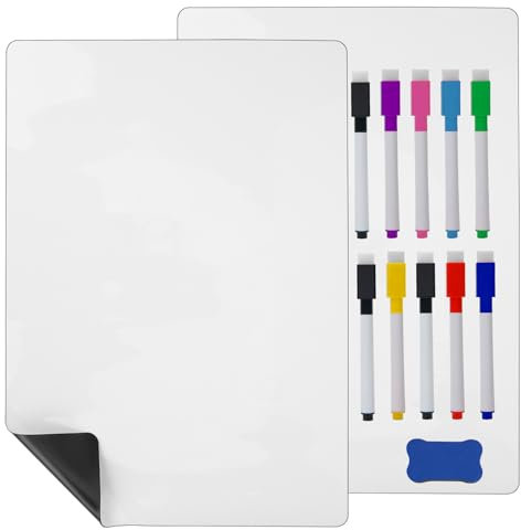 Kioneer 2 Pcs A3 Magnetic Whiteboard for Fridge, Small Magnetic Dry Erase Whiteboard Sheets, Includes 10 Pens, 1 Eraser, Small Magnetic Fridge Message Boards, Reminder Stickers