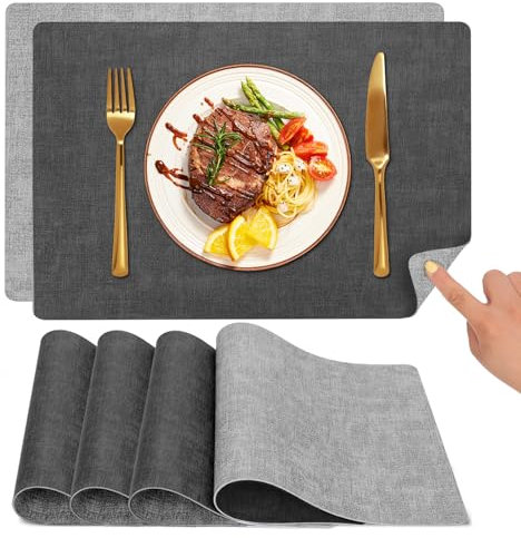 Myir JUN Tischsets Abwaschbar und Untersetzer, Platzsets Abwaschbar Doppelseitigen Platzdeckchen Kunstleder rutschfest Tischset Lederoptik für Speisetisch (Dunkelgrau/Hellgrau, 4er Set)