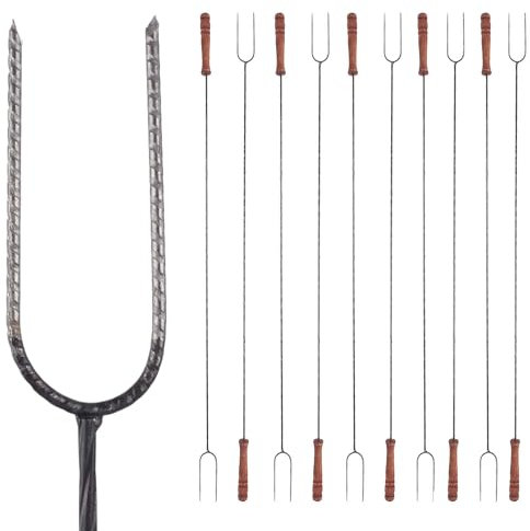 BAUSTER® Grillgabeln 10er Set – Lagerfeuer Spieße mit Holzgriff & schwarzem Stahl – 100 cm – für Würstchen, Stockbrot, Marshmallows