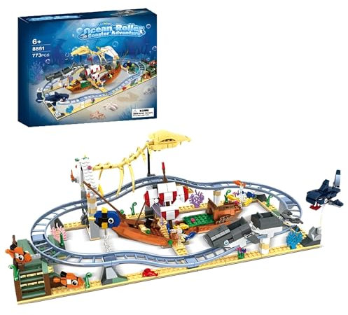 Unterwasser-Achterbahn Baustein-Set - 773-teiliges Ozean-Abenteuer mit beweglichem Schiff, Haifisch, Dino-Modellen, STEM-Lernspielzeug, Kreative Deko - Tolles Geschenk für Kinder (6+), Erwachsene