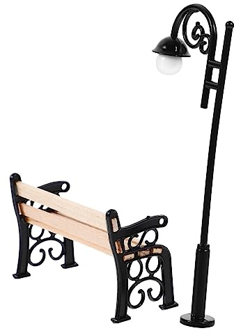 ERINGOGO Miniatur Gartenbank und Straßenlaterne Set Miniaturmodell mit Metall Straßenlampe und Holzlatten Dekoratives Mini Outdoor Zubehör für Puppenhaus und Gartendekoration