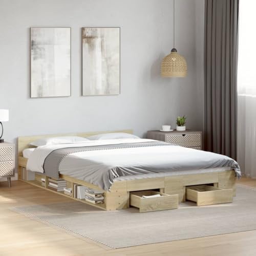 Hoodmeel Bett 160x200 mit Schubladen und lattenrost Holzbett mit Stauraum Bettgestell mit Kopfteil Doppelbettgestell Jugendbett-Sonoma Eiche-160 x 200 cm