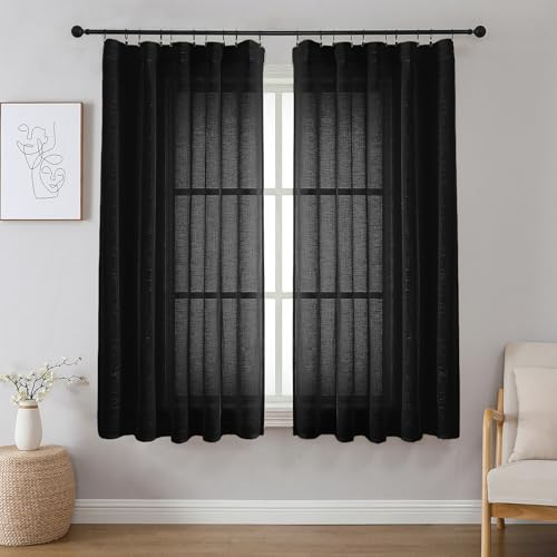 Joydeco Leinen Vorhänge Gardinen mit Kräuselband Halbtransparent Vorhang Leinenoptik Gardine für Schienensystem 2er Set H 160 x B 140 cm Gardine für Schlafzimmer Wohnzimmer Schwarz