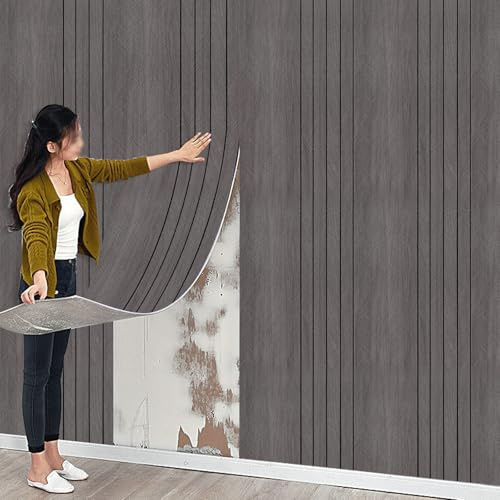 Thick Faux Wood Slat Wallpaper, Peel and Stick 3D Foil Insulation Self Adhesive Wall Panels Dark Grey Wallpaper Sound Absorbing Wooden Slats For Bathroom, Bedroom, Kitchen, Living Room 40cm*3m