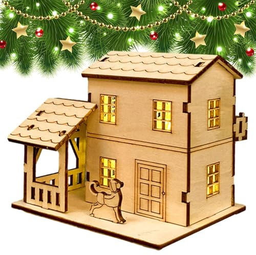 Weihnachtsdorf aus Holz | Landhaus Modelle | Bastelset mit LED Beleuchtung | Beleuchtete Winterfiguren Set | bezaubernde Urlaubshausdekoration Paar