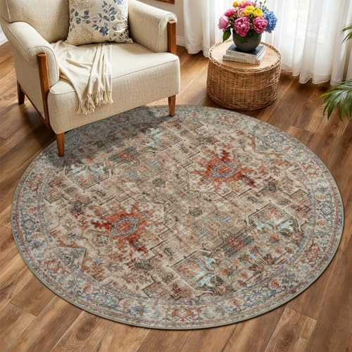 Cekene Boho Waschbarer Teppich Rund 120cm Braun Runder Teppiche Wohnzimmer rutschfest Schlafzimmer Tepich Moderner Kurzflor Rund Teppiche für Kinderzimmer Esszimmer Büro