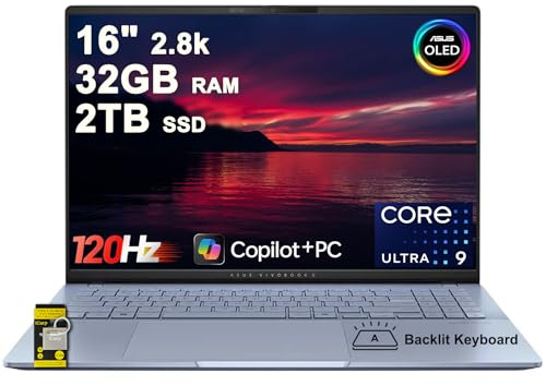 ASUS Vivobook S16 AI PC Laptop 16 2.8k OLED 120Hz (600nits, 100% DCI-P3) Intel 16-core Ultra 9 285H 32GB DDR5 2TB SSD Backlit for Designer Creator Business Professional Win11 ICP Hub/Copilot+ AI