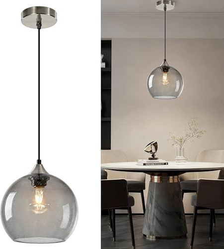 Bravsekai Medium Light Gray Glass Pendant Light for Kitchen Island, Includes Extra Bulb & 1.5m Adjustable Cord, Modern Pendant Lighting Fixtures for Kitchen, Dining Room, Living Room(23cm, 1-Pack)