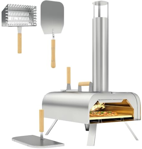 Outsunny Mini Horno de Pizza Exterior Portátil con Piedra Refractaria | Acero Inoxidable, Pala, Horno de Leña, Patas Plegables, Mangos de Madera, Termómetro, Bandeja, para Jardín Terraza Camping