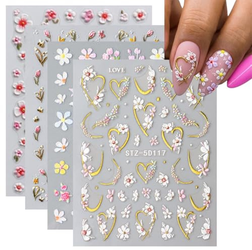 Flower Nail Stickers - 3D Floral Nail Art Stickers & Decals Self-Adhesive - 5D Embossed Spring Summer Nail Decals for Women Manicure Decoration