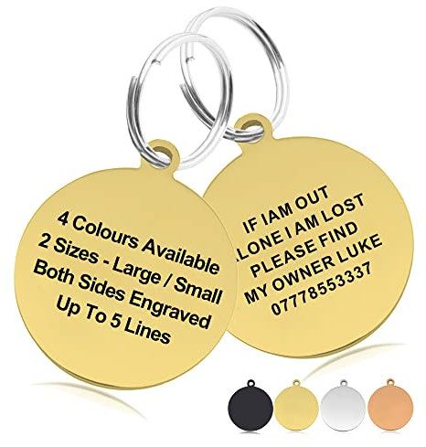 Personalised Engraved Dog Tag ID Name Tags for Cat Puppy Pet Collar Tag Hand Finished in UK (Gold(Round), L)