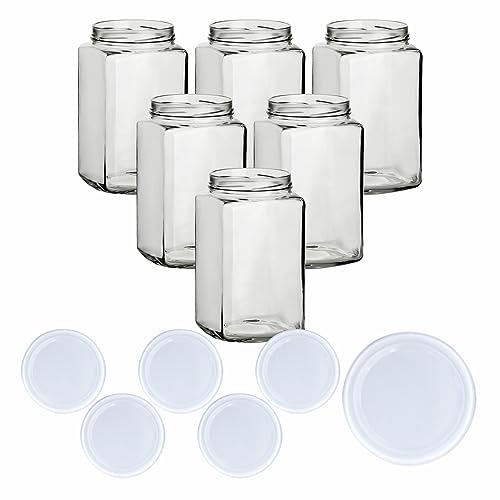 gouveo 6er Set Einmachgläser 1700 ml eckig mit Schraubverschluss Weiss - Große Vorratsgläser 1,7 l - Aufbewahrungsglas für Müsli, Nudeln, Kekse
