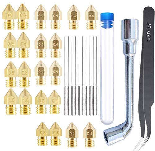 DURTAIL 22 Stück 3D Drucker Düse Set, MK8 Extruder Nozzle, 0,4 mm 10 Stück, 0,2 mm 0,3 mm 0,5 mm 0,6 mm 0,8 mm 1,0 mm je 2 Stück, Reinigungsset-1 Pinzette, 1 Düsenschlüssel, 10er Pack 0,35 mm Nadeln