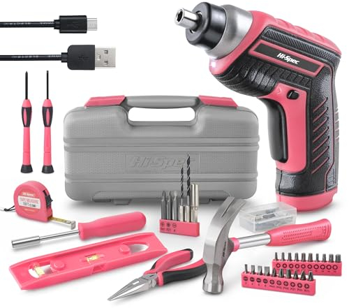 Hi-Spec Tournevis Électrique 3.6V Rose - Perceuse Visseuse Devisseuse Sans Fil avec Ensemble d'Outils - Boite a Outils Complete - Marteau, Pince, Forets, Jeu de Tournevis et Embouts pour Bricolage