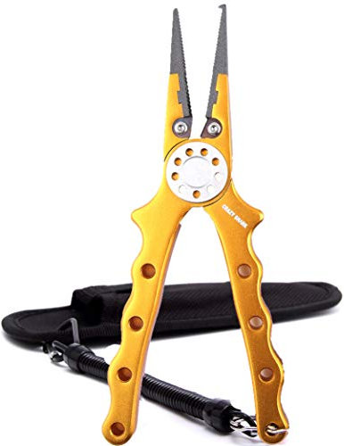CRAZY SHARK Professional Saltwater/Freshwater Fishing Pliers Hook Remover Fishing Line Cutters with Sheath and Lanyard (Gold)
