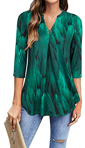 Gaharu Blusen Oberteil Tuniken Damen 3/4 Arm V-Ausschnitt A-Linie Elegant Lässige Lang Damenblusen Baumwolle Frühling Henley Frauen Locker Women Blusenshirt Strick Damenshirt Pfauenblau, XL