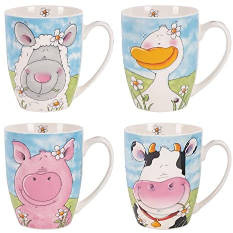 YöL Set Of 4 Mugs Farm Animals Porcelain Mug Coffee Tea Cup Multicolour 11oz Pink Blue Home Kitchen