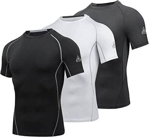 AMZSPORT Herren Kompressionsshirt Kurzarm Funktionsshirts Cool Dry Training Running Top, Schwarzweißgrau-M