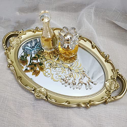 Yamfurga Oval Printed Decorative Mirror Tray, French Style, Mirror, Makeup Organizer, Jewelry Organizer, Serving Tray, 9.8x 14.6, Gold