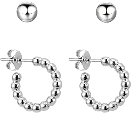 BONNYBIRD® Creolen Silber Klein Mini Set Kreolen Ohrringe Edelstahl Damen Ohrstecker mit Kugeln 15mm Wasserfest Schmuck Frauen Hypoallergen Chirurgenstahl Medizinisch Nickelfrei