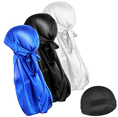 Sibba 4 Stück Seidige Durag Lange Turban Kopfbedeckungen Elastisch weich Atmungsaktiv Gewellt für Männer und Frauen Laufen Fitness, Radfahren Wandern Camping, Schwarz/Blau/Weiß