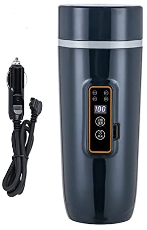 Auto Reise Wasserkocher 12V/24V,CEIEVER Auto Heizung Tasse 350ml Temperaturregelung von 100°C Tragbare Kaffeetasse zum Erwärmen von Kaffee/Tee/Milch auf Reisen (Auto - Schwarz Blau - 12V)