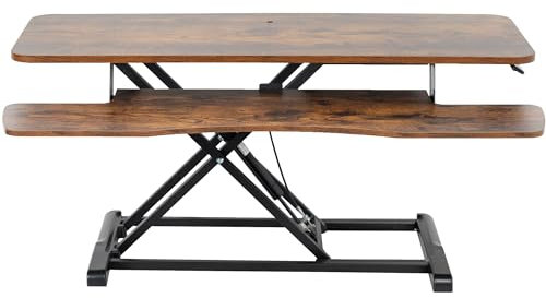 VIVO 107 cm Desk Converter, K Series, Height Adjustable Sit to Stand Riser, Dual Monitor and Laptop Workstation with Wide Keyboard Tray, Rustic Vintage Brown Top, Black Frame, DESK-V042KN