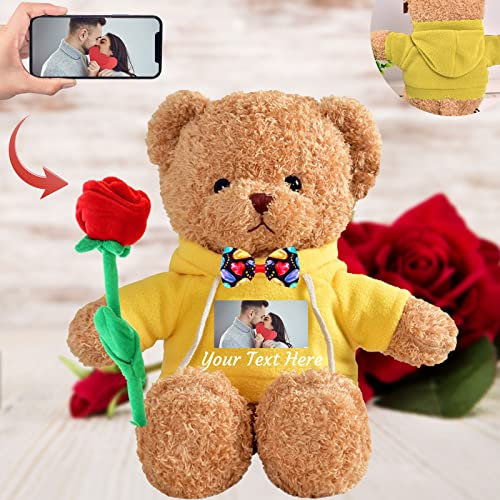 Valentine Gifts Personalised Teddy Bear with Photo and Text, Stuffed Animals Valentine Teddy Bear with Rose and Bow as Im sorry gifts for Her on Valentine/ Anniversary/ Birthday (12 IN-Hoodie-Yellow)