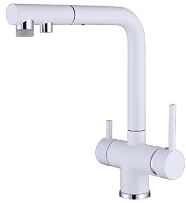 3 Wege Wasserhahn Küche Ausziehbar mit Brause, Küchenarmatur Messing Drehbar Wasser Kalt und Heiß Multifunktion Trinkwasserhahn Küche-Weiss
