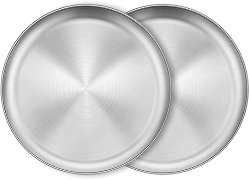 XIACIBDUS 2 platos redondos de acero inoxidable, plato de barbacoa, molde para tartas, bandeja, plato ovalado, plato de carne, placa de arroz, placas ovaladas, placa de servir retro mate