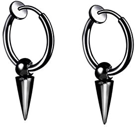Kreolen Ohrringe Herren, Edelstahl Creolen mit Ohranhängern Nicht Durchbohrte Mit Kegelanhänger für Männer/Frauen Schwarz
