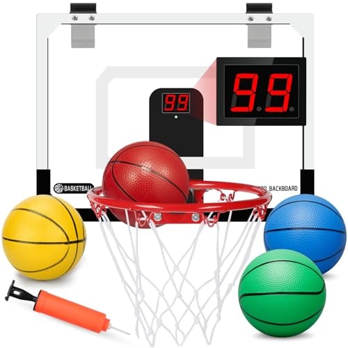Pro Indoor Mini Basketball Hoop Set, Wall Mount Automatic Scoring Basketball Hoop with 4 Rubber 16CM Ball, Over Door Electronic Scoreboard Large Dunk Rim Gift for Pool Office Sport Game for Boy Girl