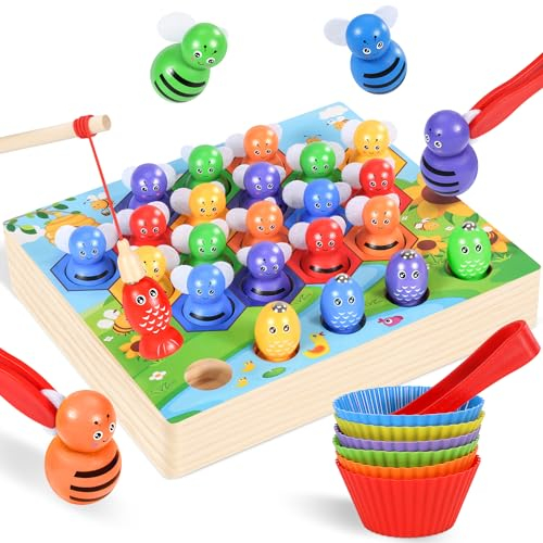 Ophy Juego de Pesca Magnético Juguetes de Madera -Montessori Juguete Educativo para Niños de 3 4 5 6 años Juego de Combinación de Colores & Clasificación Motricidad Fina Juegos con Vasos Apilables