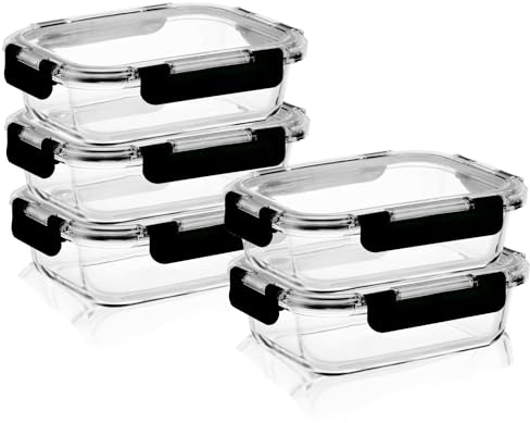 Bewunder Tokyo Mealprep Boîte de conservation avec 5 récipients en verre + 5 couvercles en plastique (noir) | 100% étanche + hygiénique | Passe au lave-vaisselle et au micro-ondes