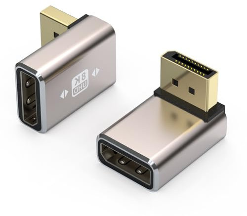 VMOJO 2 Pack DisplayPort Coupler Adapter, Alloy Shell 8K UHD HDR Displayport (DP) 1.4 90 Degree Downward Angle Male to Female Extender Extension Connector Converter 8K@60Hz/4K@144Hz