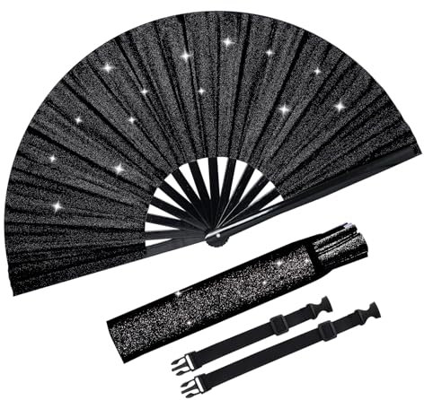 Fumwase Glitter Large Rave Fan Rave Hand Fan for Men Women Rave Accessories for Women with Leg Strap and Fabric Case Bag for Music Festival Weddings Performance Decoration (Black)