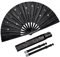 Fumwase Glitter Large Rave Fan Rave Hand Fan for Men Women Rave Accessories for Women with Leg Strap and Fabric Case Bag for Music Festival Weddings Performance Decoration (Black)