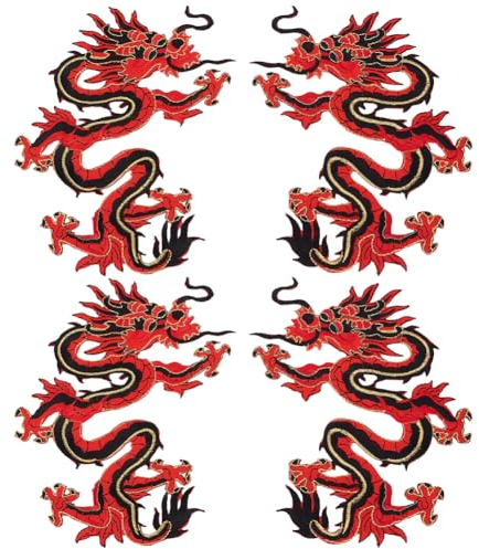 AHANDMAKR 2 Paare Roter Drache-Stickapplikationen, Drachen-Stickerei, Zum Aufbügeln/Aufnähen, Für Selbstgemachte Chinesische Drachenkostüme, Jeans, Jacken, Kleidung, Taschen (Rot)
